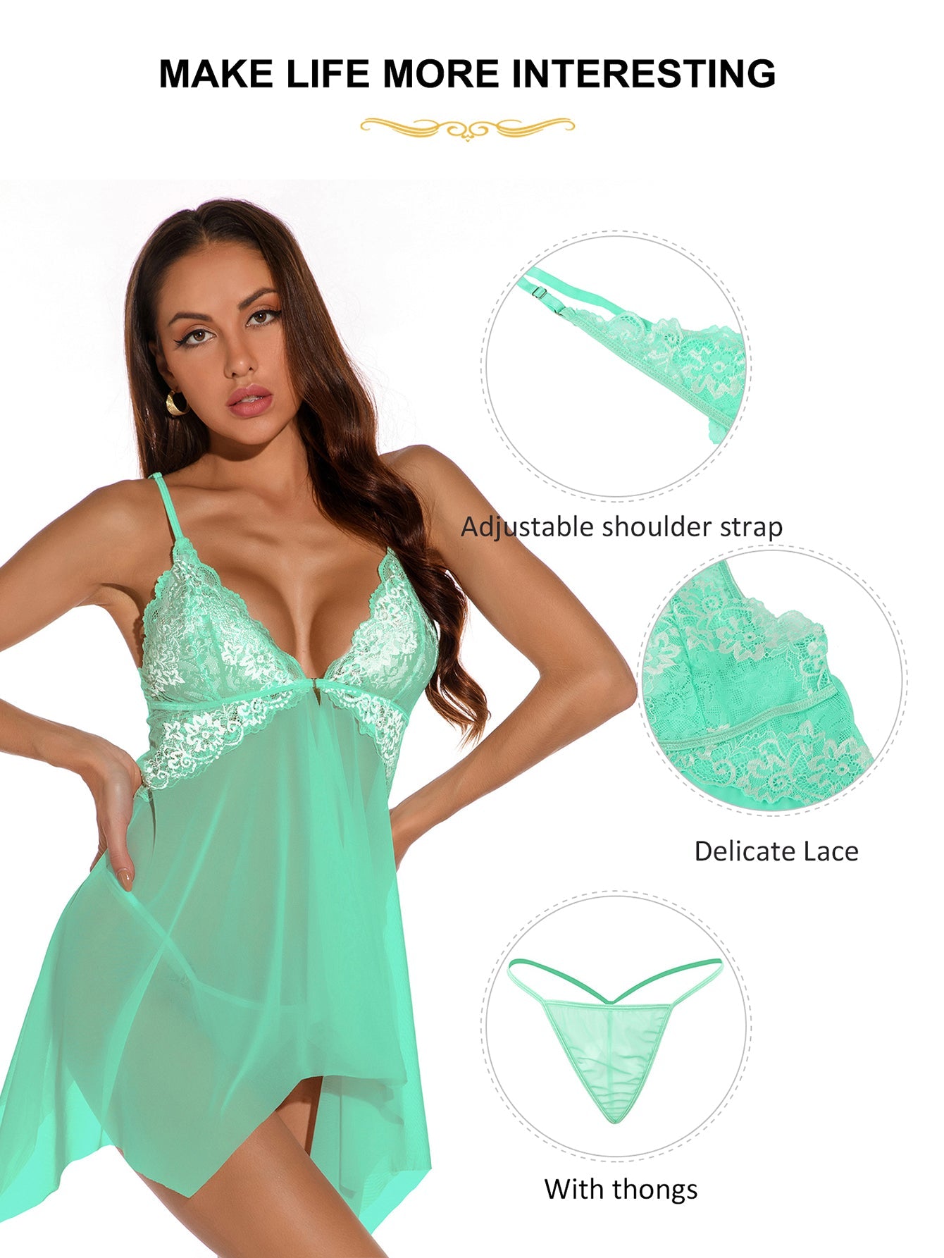 Ladies Sexy Pea Mesh Babydoll with Flyaway Lace Cup