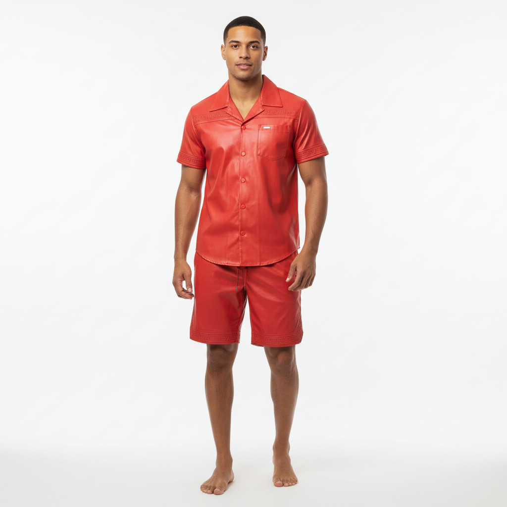 Red shirt and shorts set on a white background