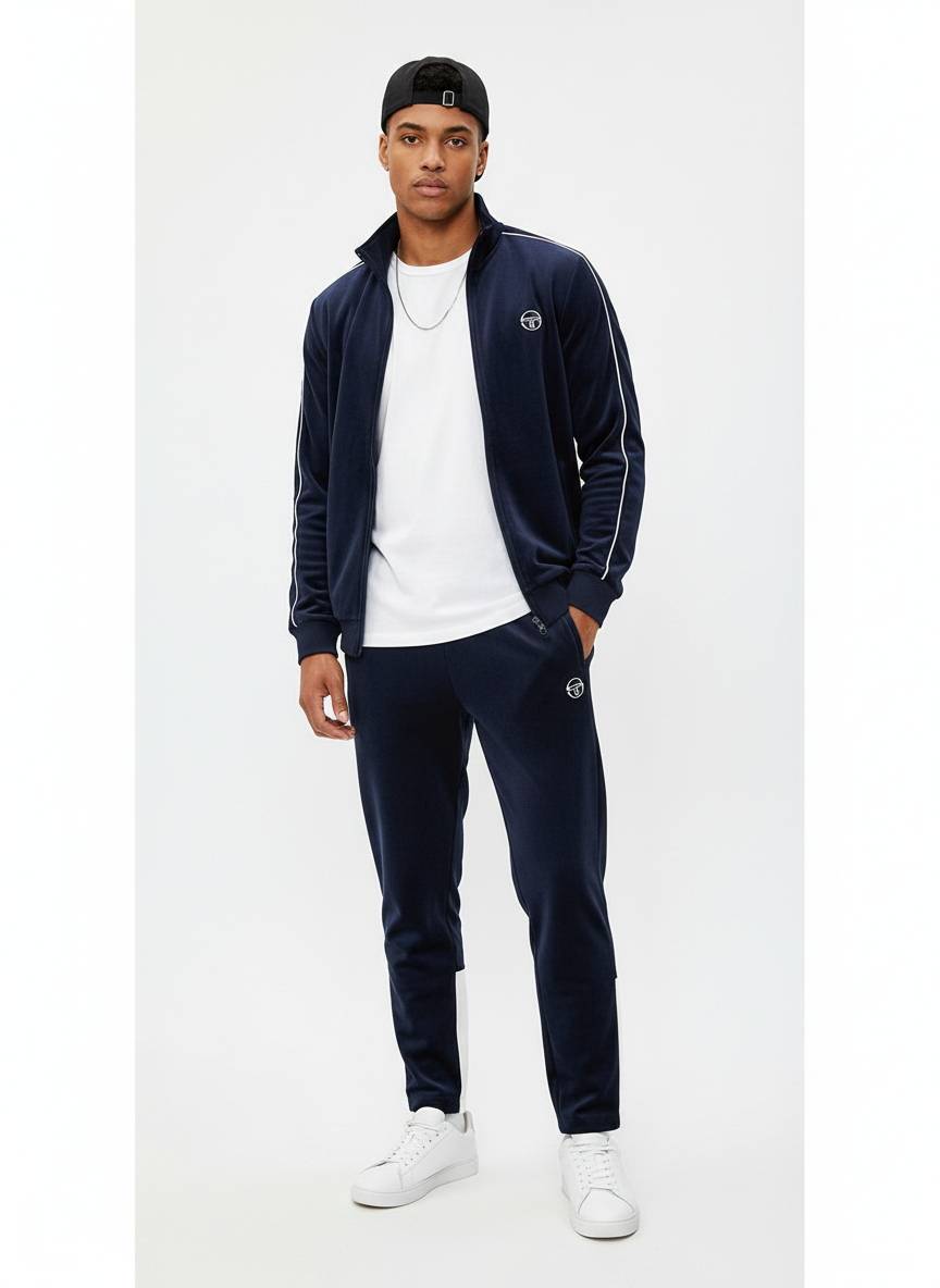 Navy blue pants with a logo on a white background