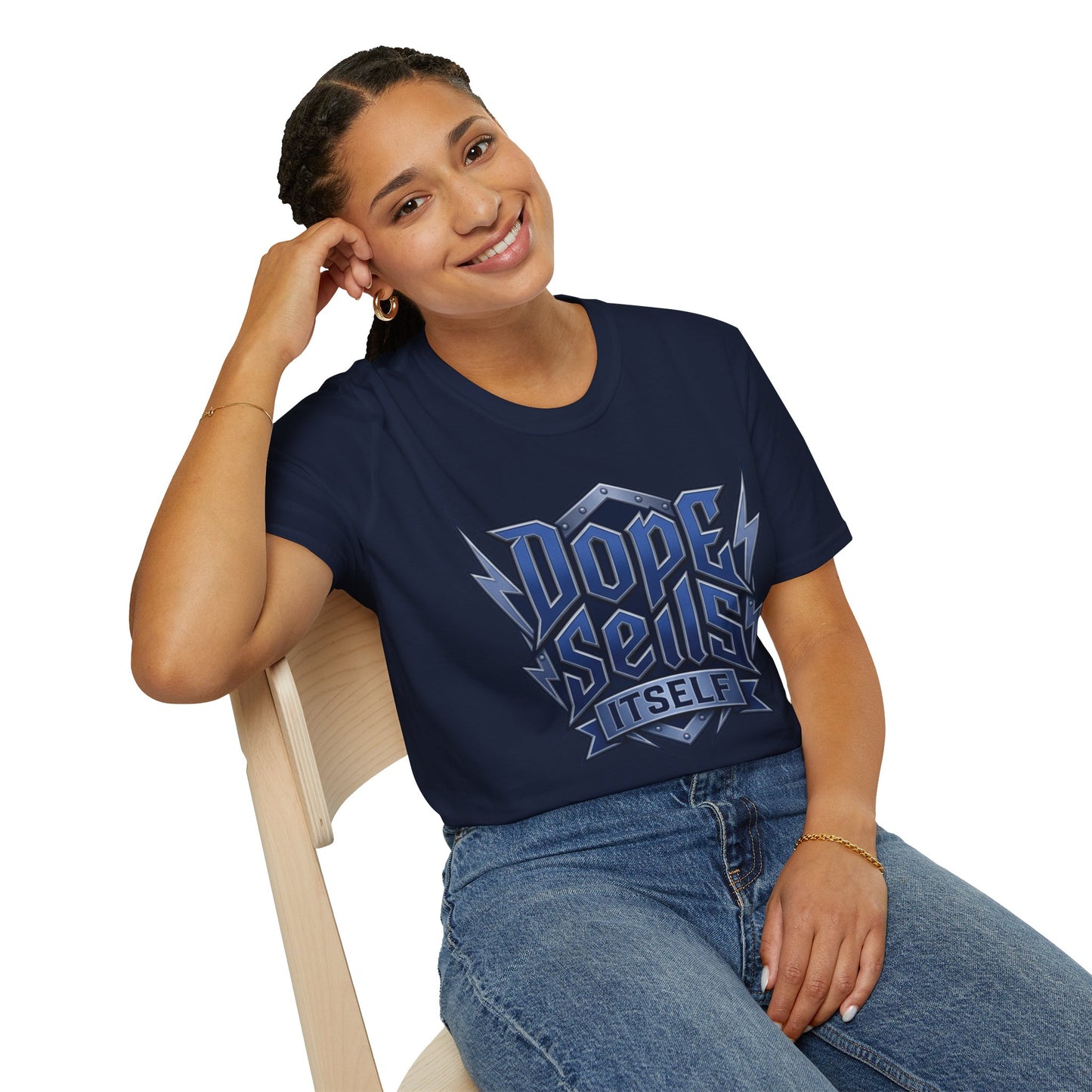 Dope Spells Itself T-Shirt — Retro Lightning Graphic Blue Tee