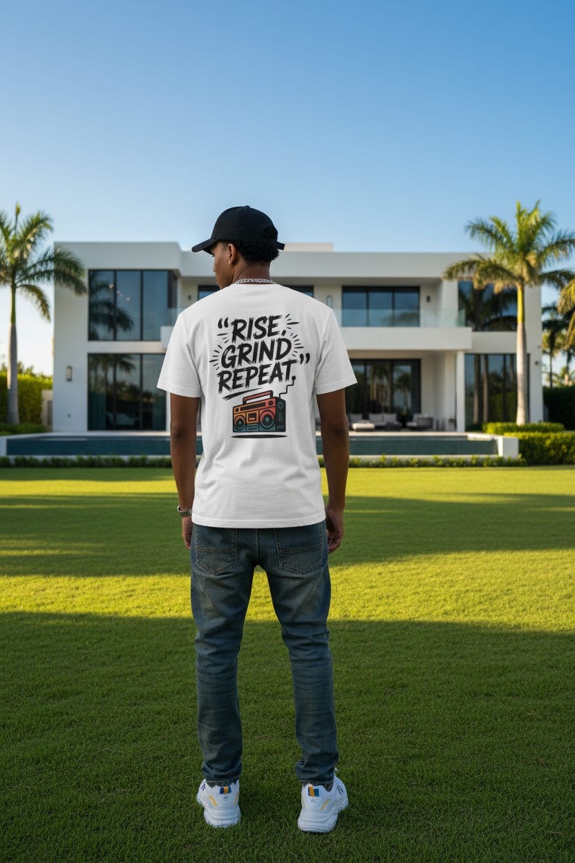 Move Around "Rise Grind Repeat" Graphic Tee — Retro Hip-Hop Crew Shirt