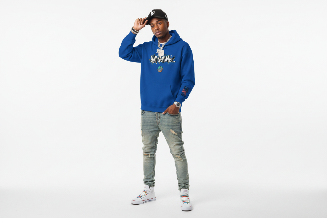 Blue hoodie with 'Yall Got Me' text on a white background