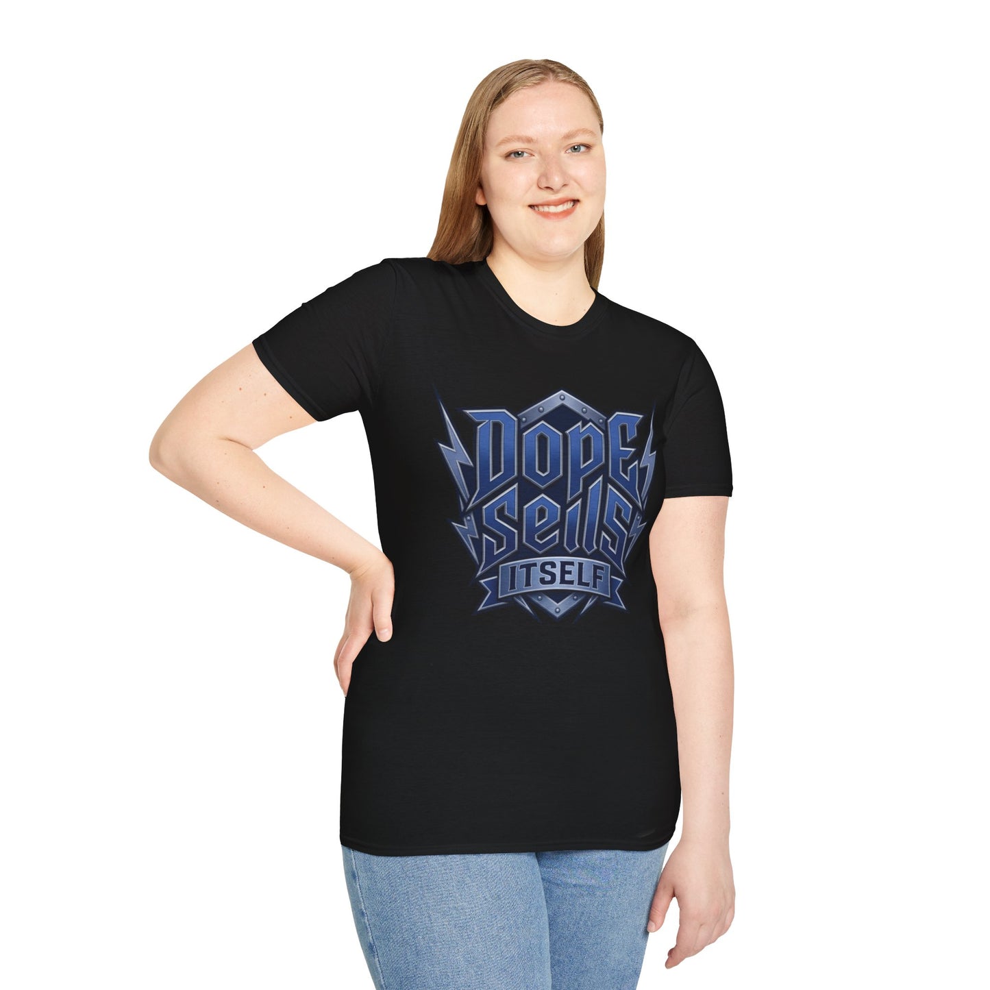 Dope Spells Itself T-Shirt — Retro Lightning Graphic Blue Tee