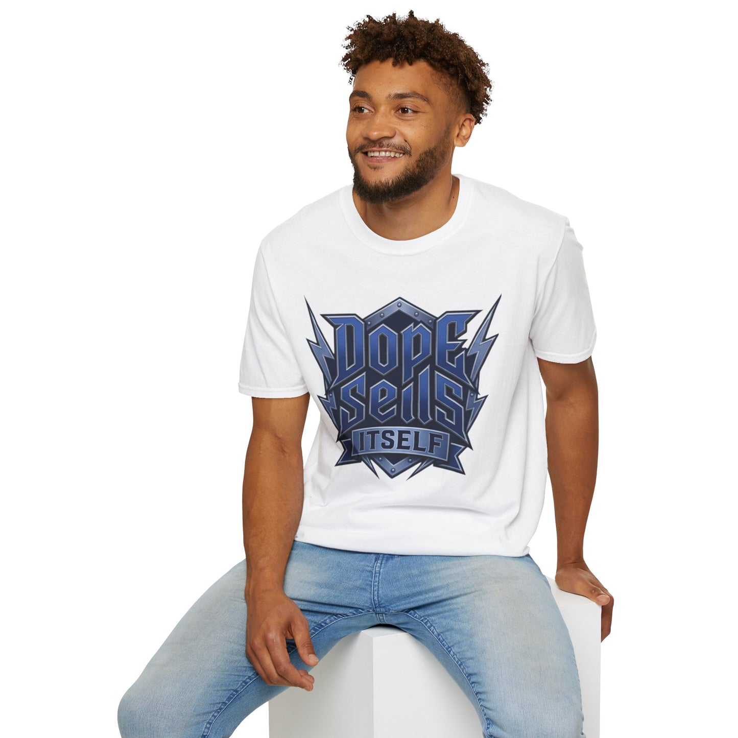 Dope Spells Itself T-Shirt — Retro Lightning Graphic Blue Tee