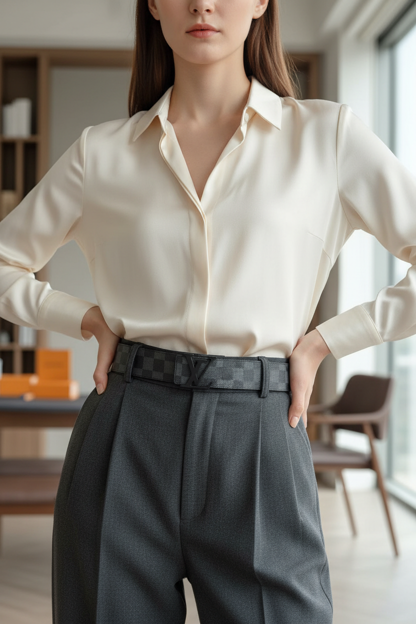 Gray checkered belt with a black buckle held by a gloved hand against a white wall.