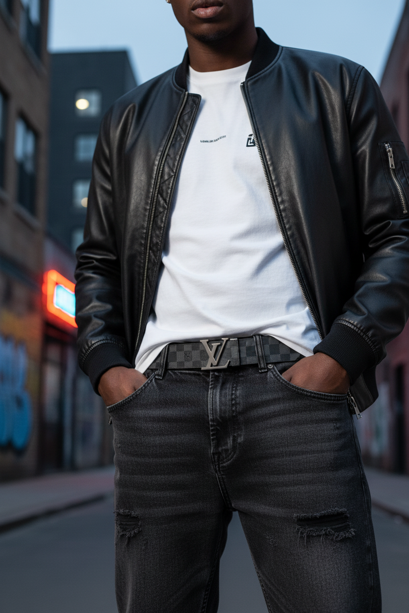 Gray checkered belt with a silver buckle on a dark surface, with Louis Vuitton boxes in the background.
