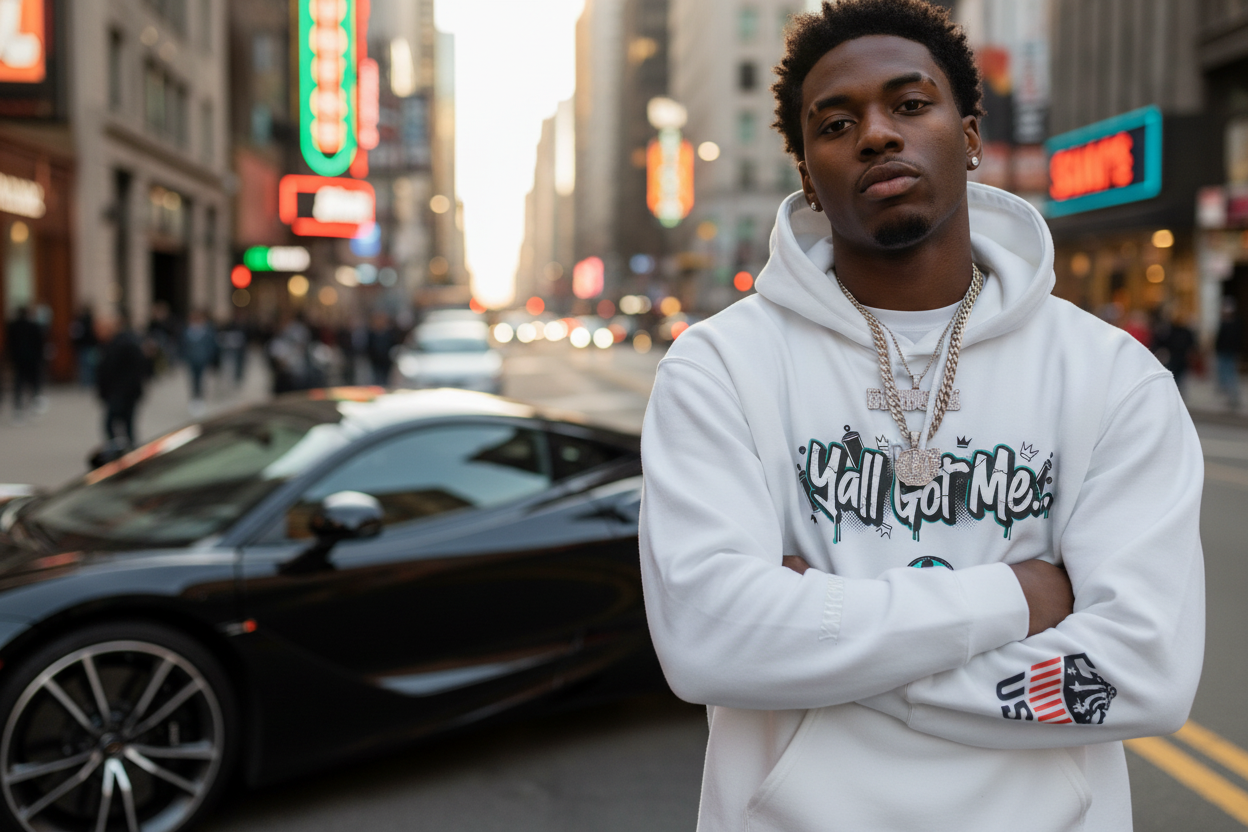 Gray hoodie with 'Yall Got Me' text and graphics on a white background