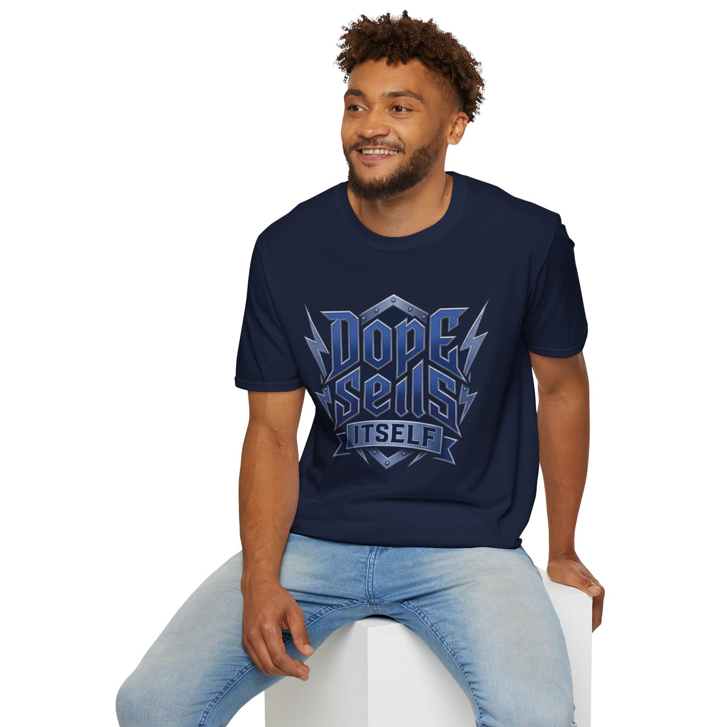 Dope Spells Itself T-Shirt — Retro Lightning Graphic Blue Tee