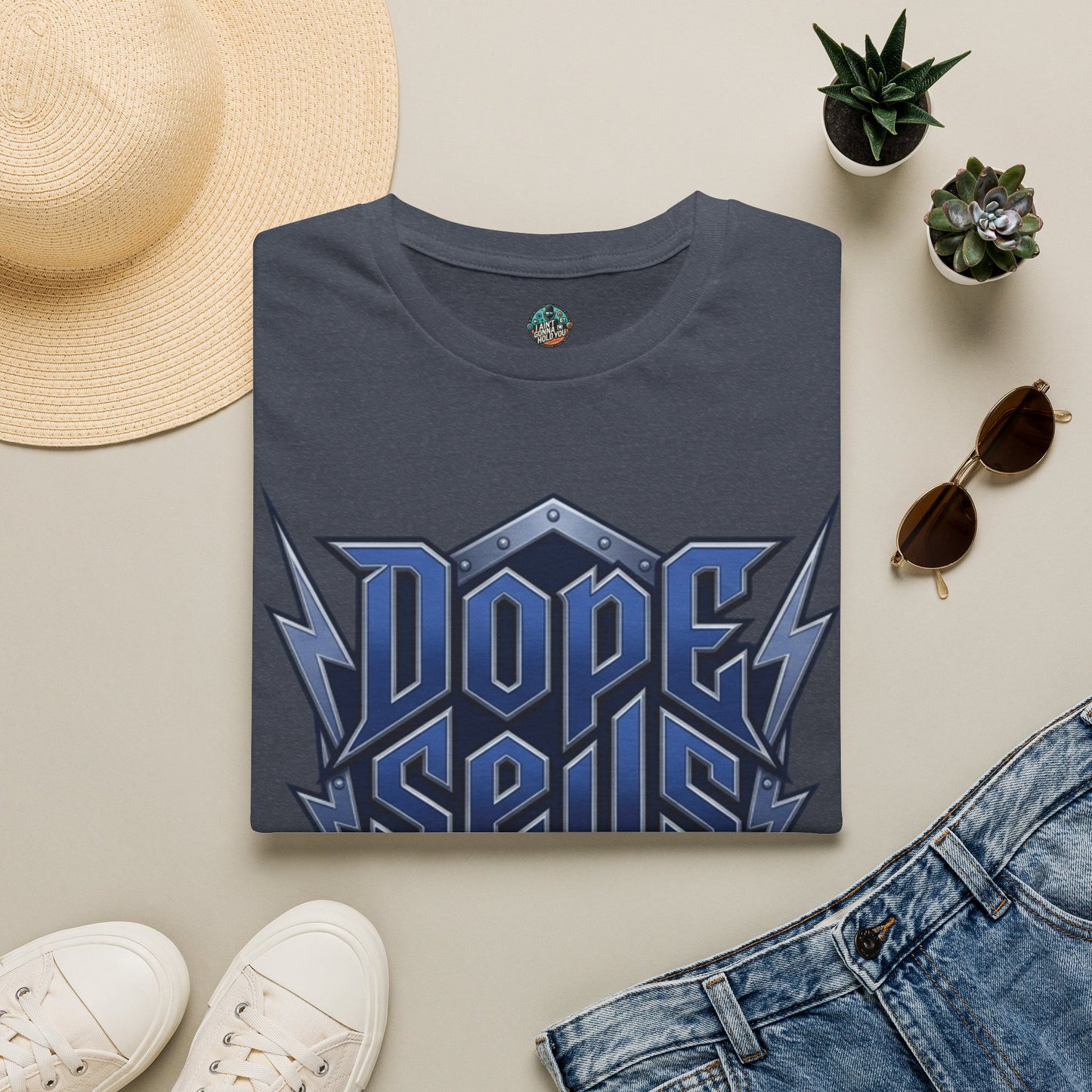 Dope Spells Itself T-Shirt — Retro Lightning Graphic Blue Tee