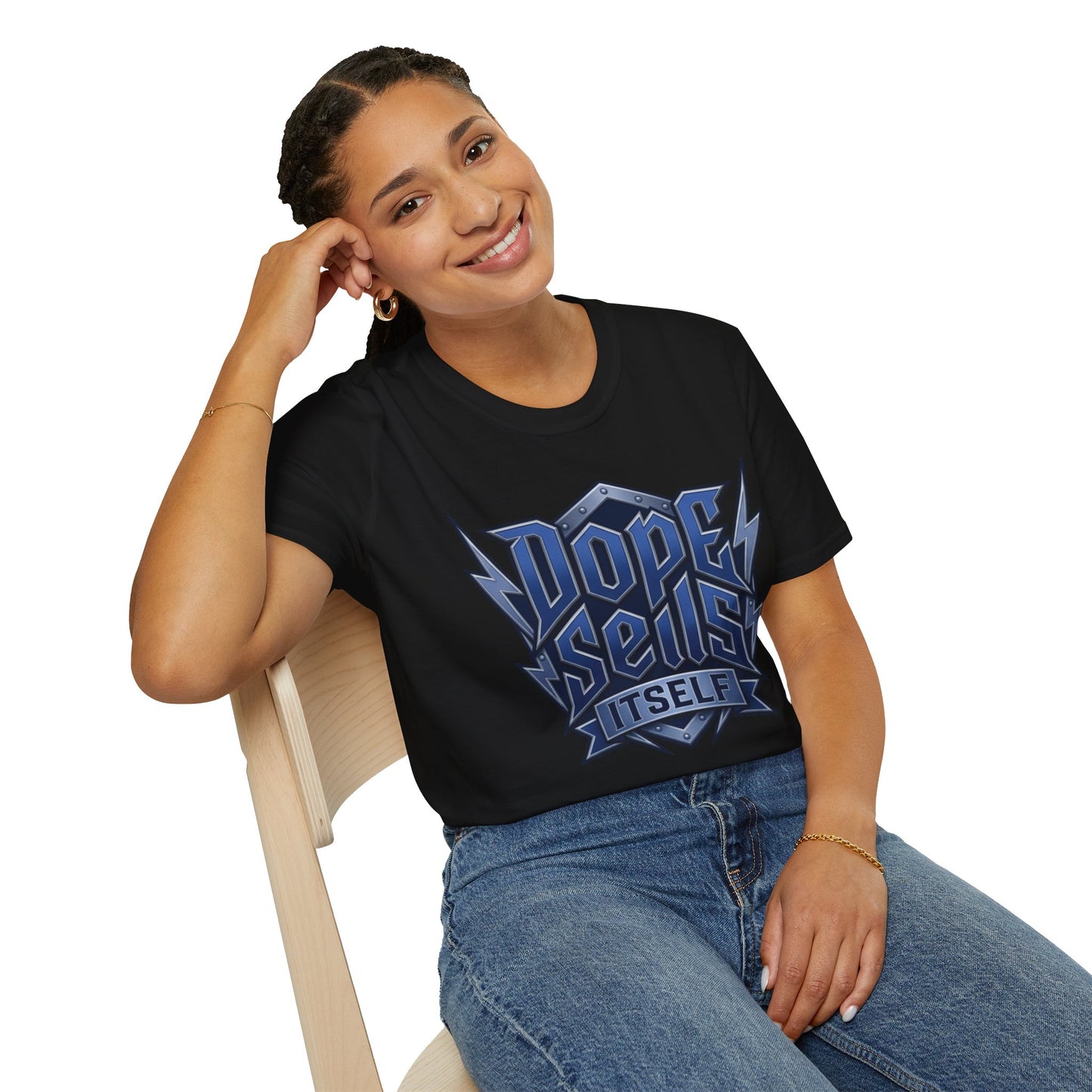 Dope Spells Itself T-Shirt — Retro Lightning Graphic Blue Tee