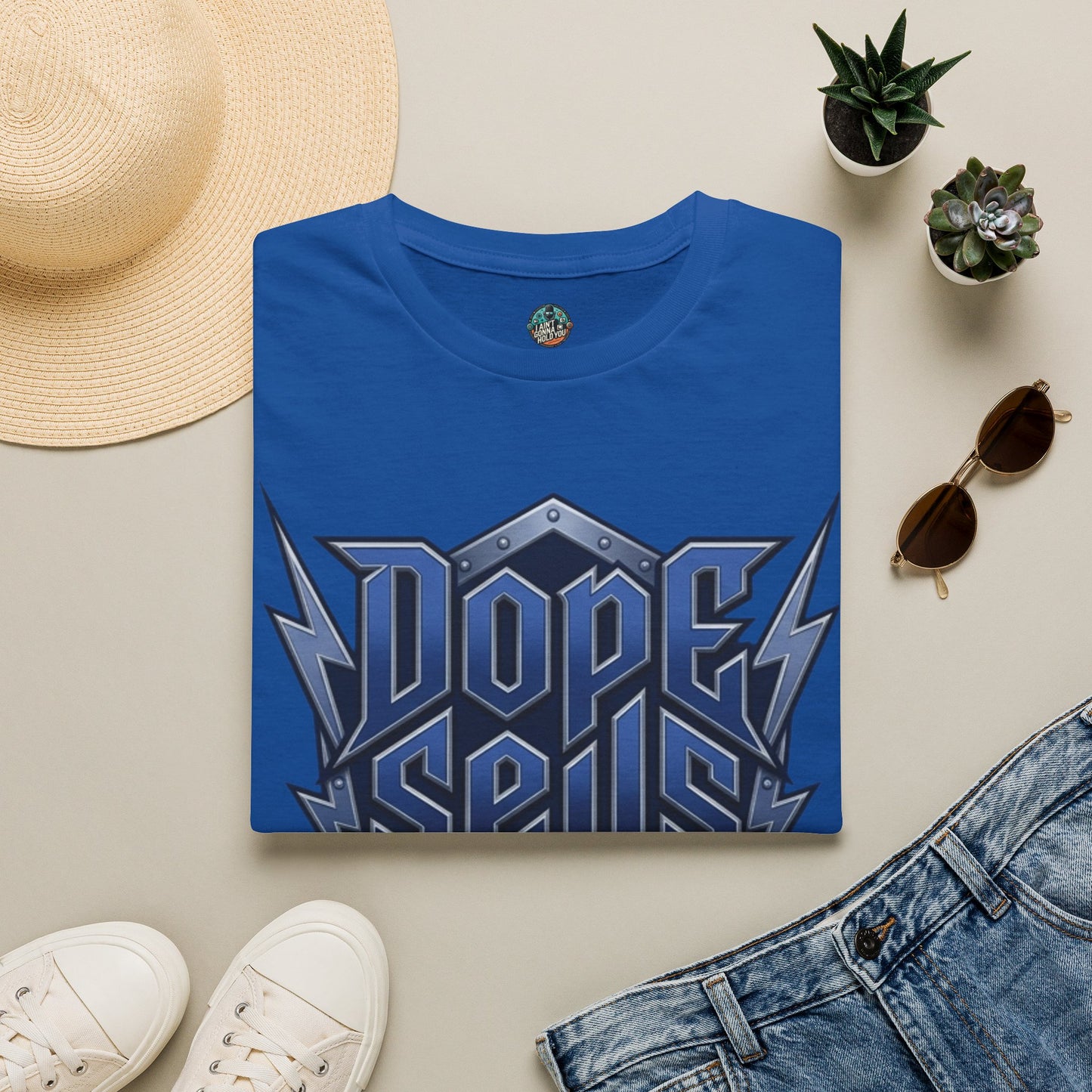 Dope Spells Itself T-Shirt — Retro Lightning Graphic Blue Tee