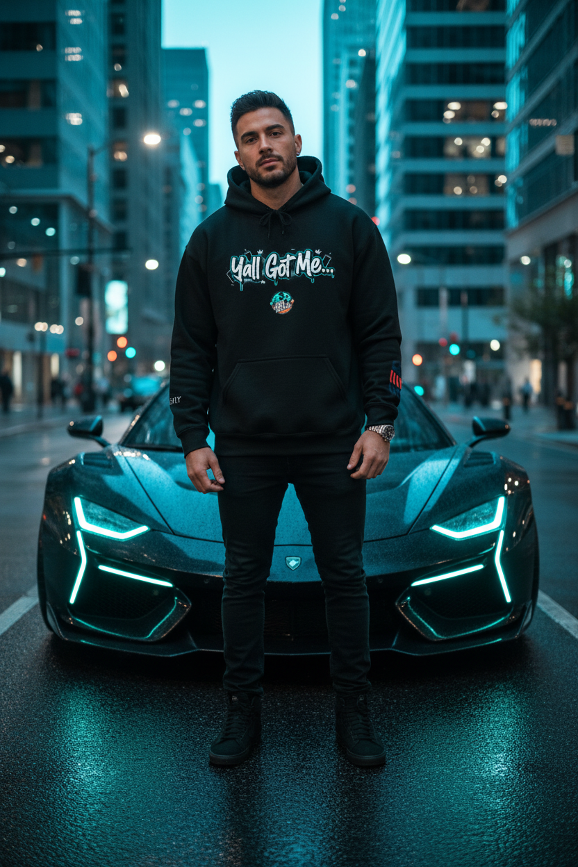Black hoodie with text and graphics on a white background