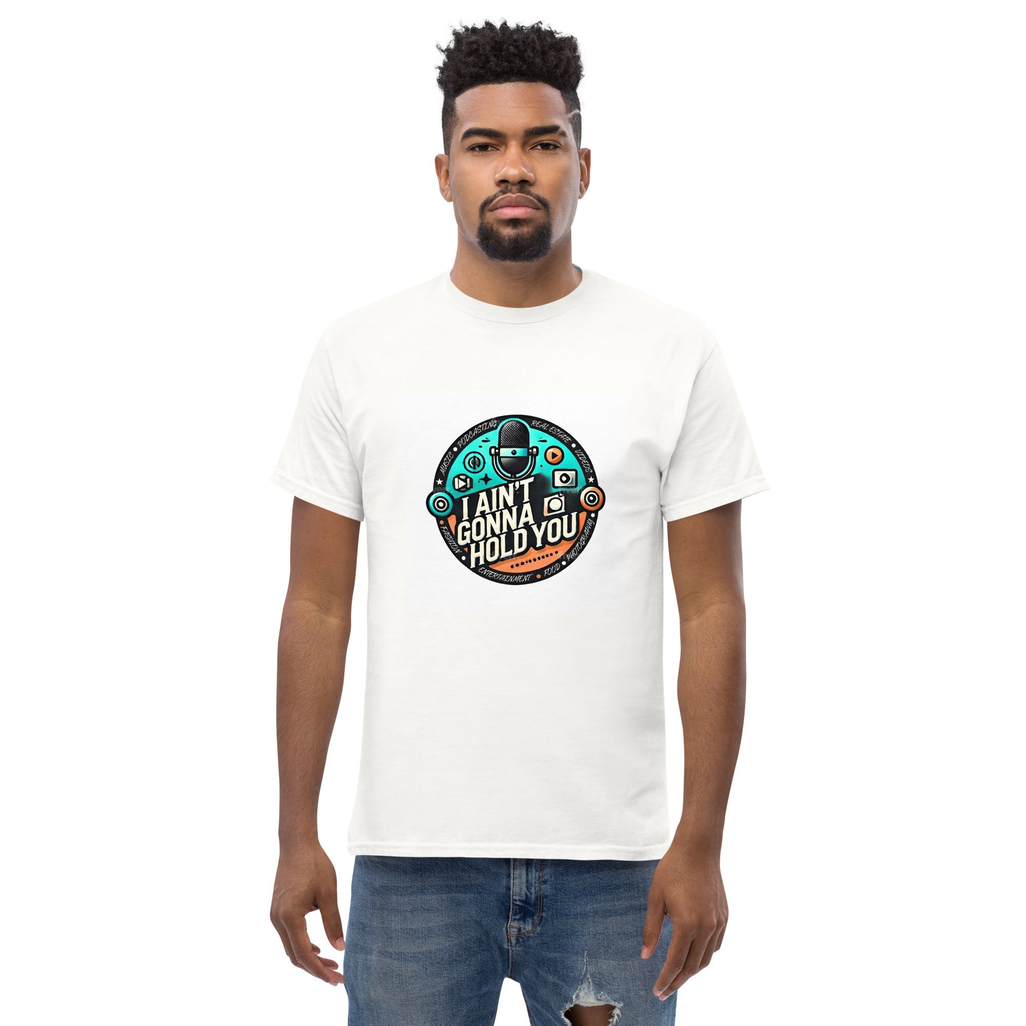 Man wearing a white t-shirt with a graphic design and text on a white background