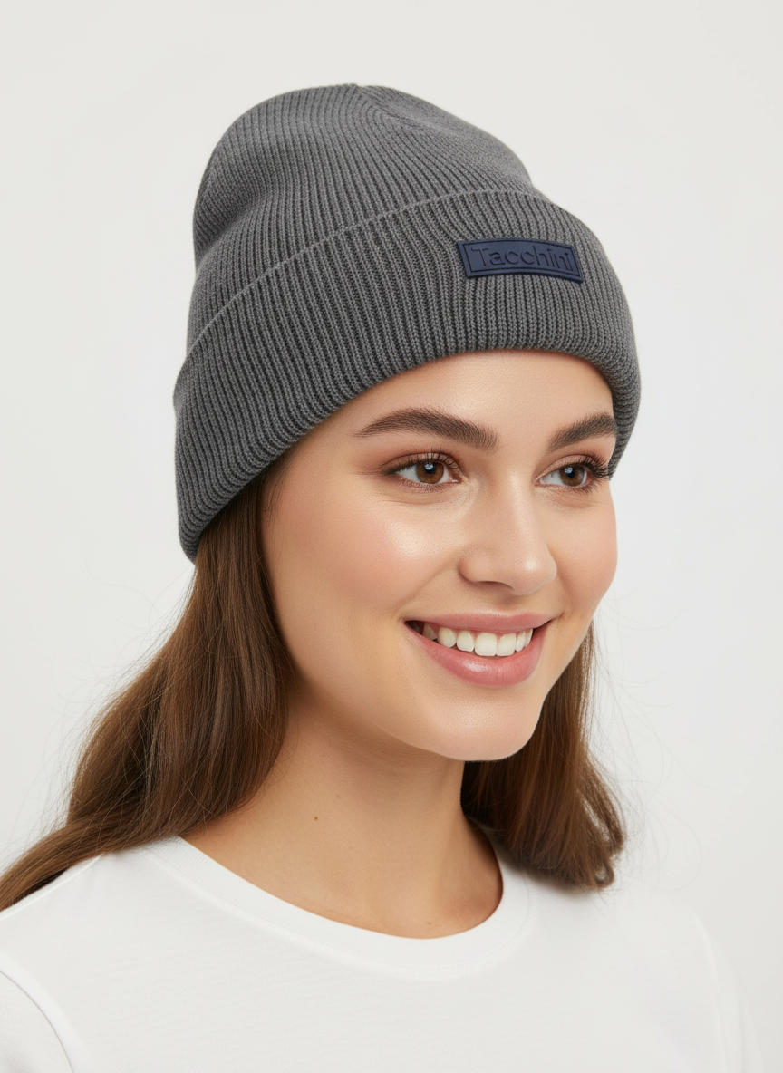 Gray beanie with a logo on a white background