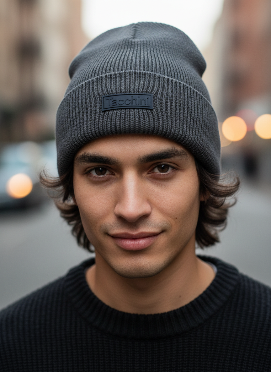 Gray beanie with a logo on a white background