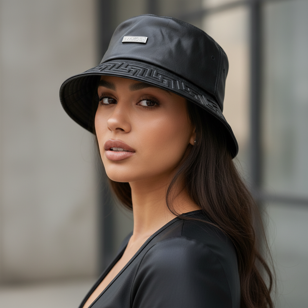 Black leather bucket hat with decorative patterned brim on a white background