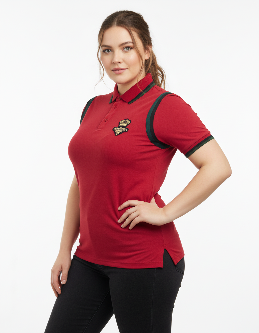 Red polo shirt with black accents and a logo on a white background