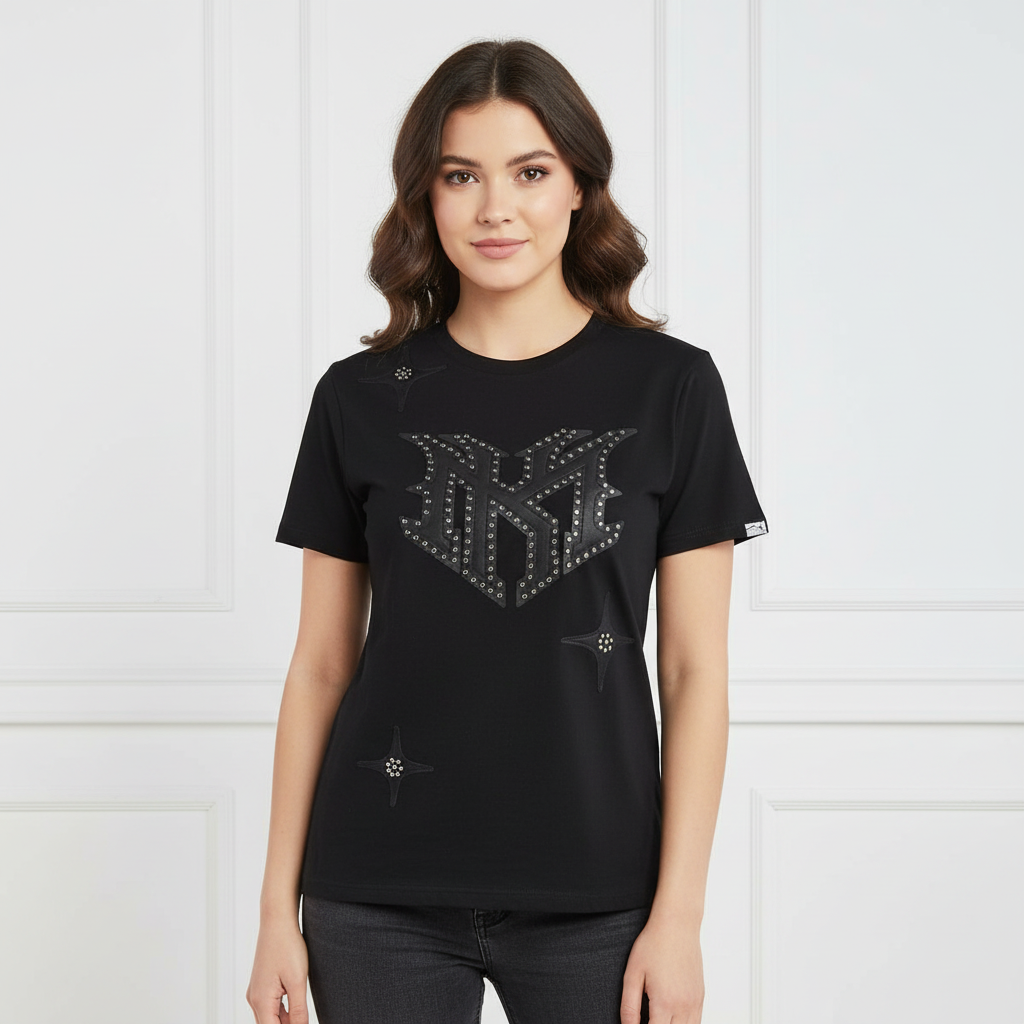 Black t-shirt with star designs and a logo on a white background
