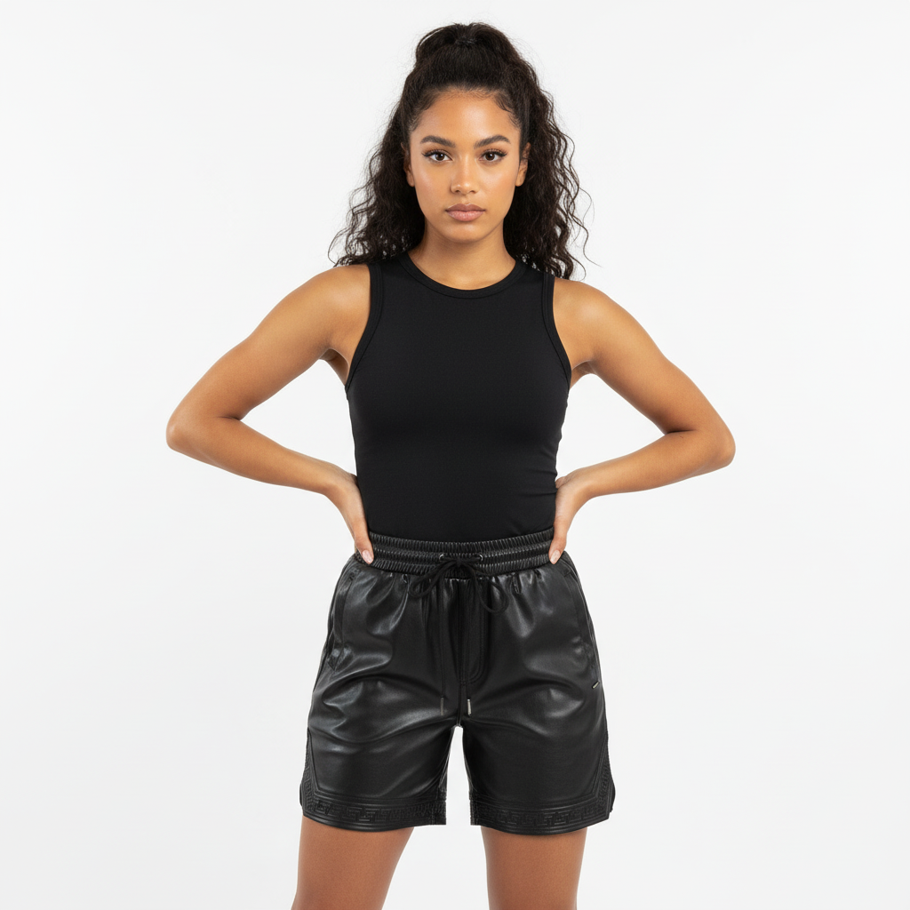 Black leather shorts with decorative patterns on a white background