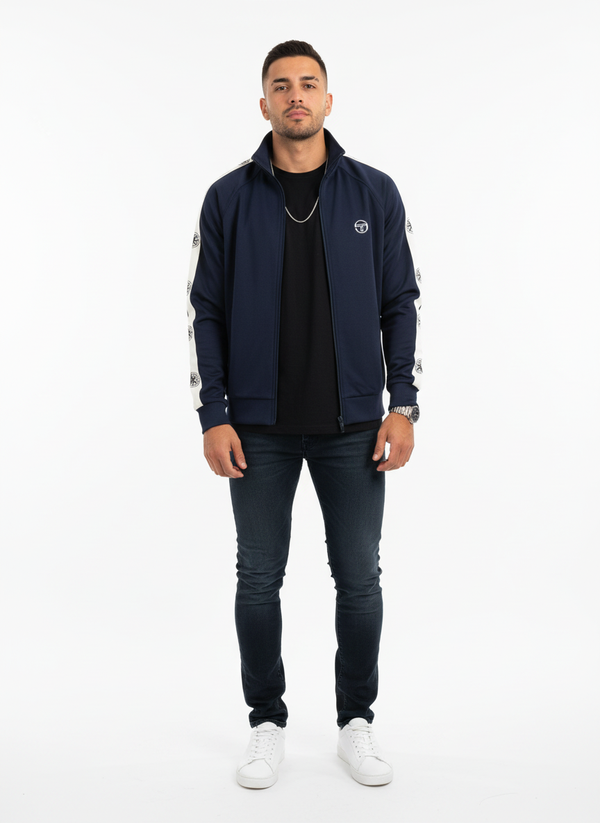 Navy blue tracksuit jacket with white side panels on a white background