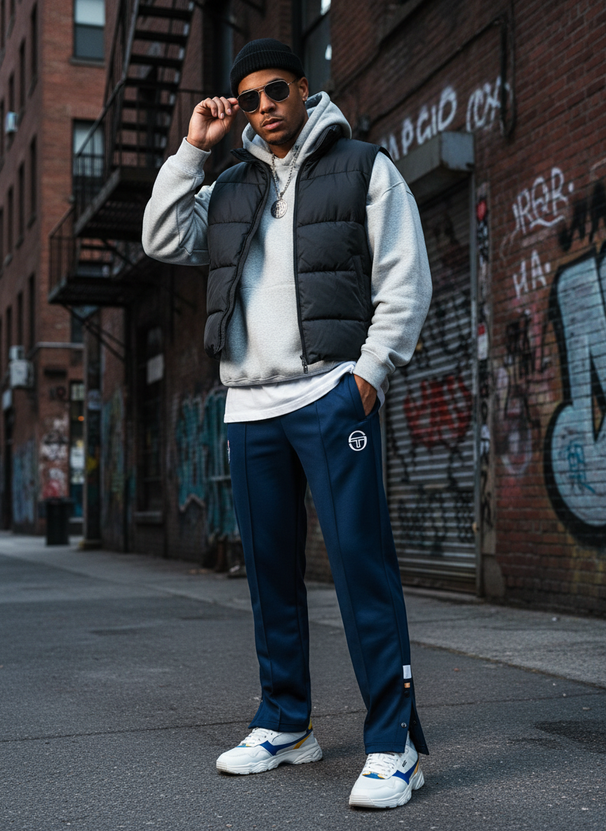 Navy blue pants with brand logos on a white background