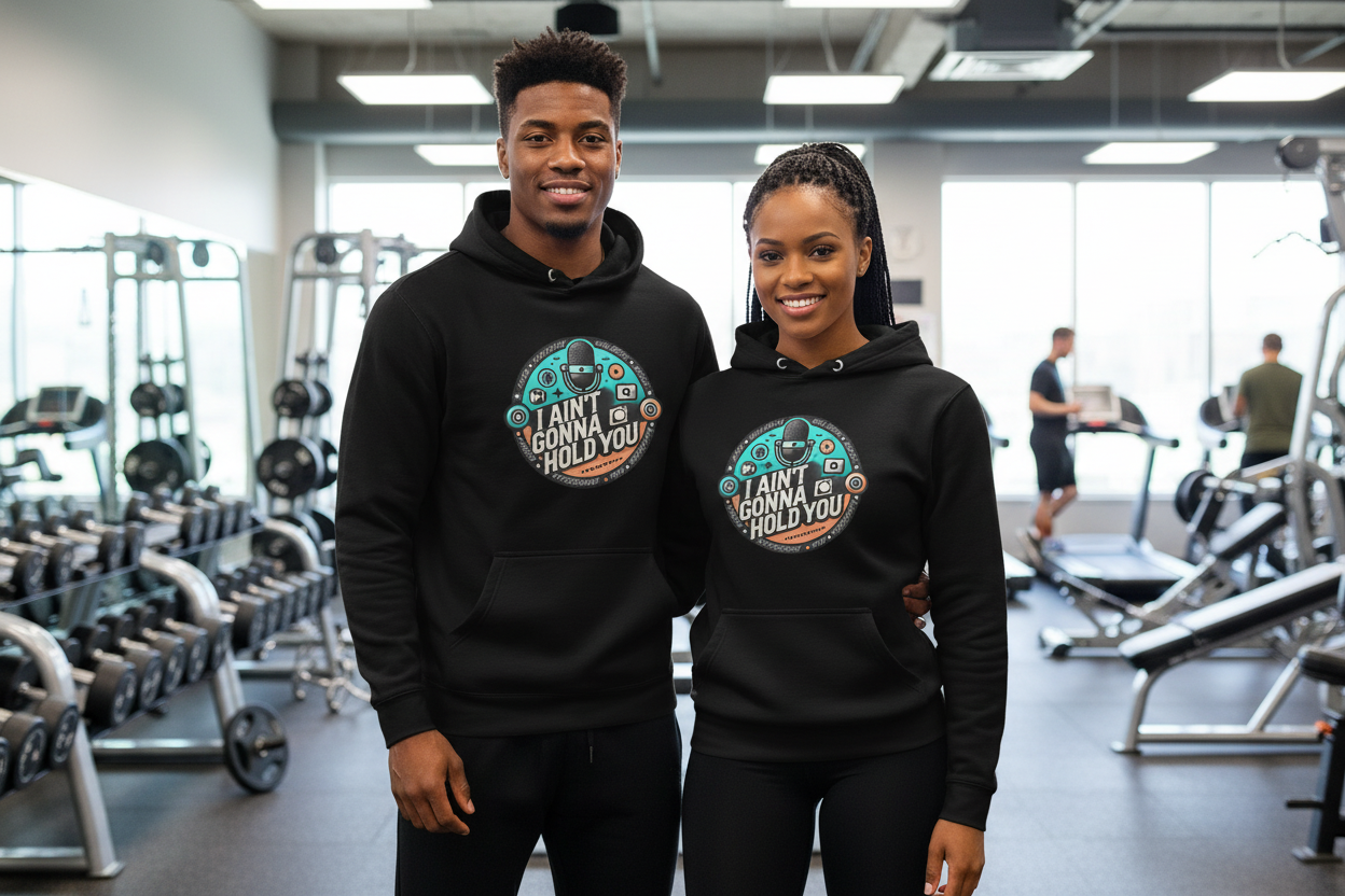 Two people wearing matching black hoodies with a graphic design in a gym setting.