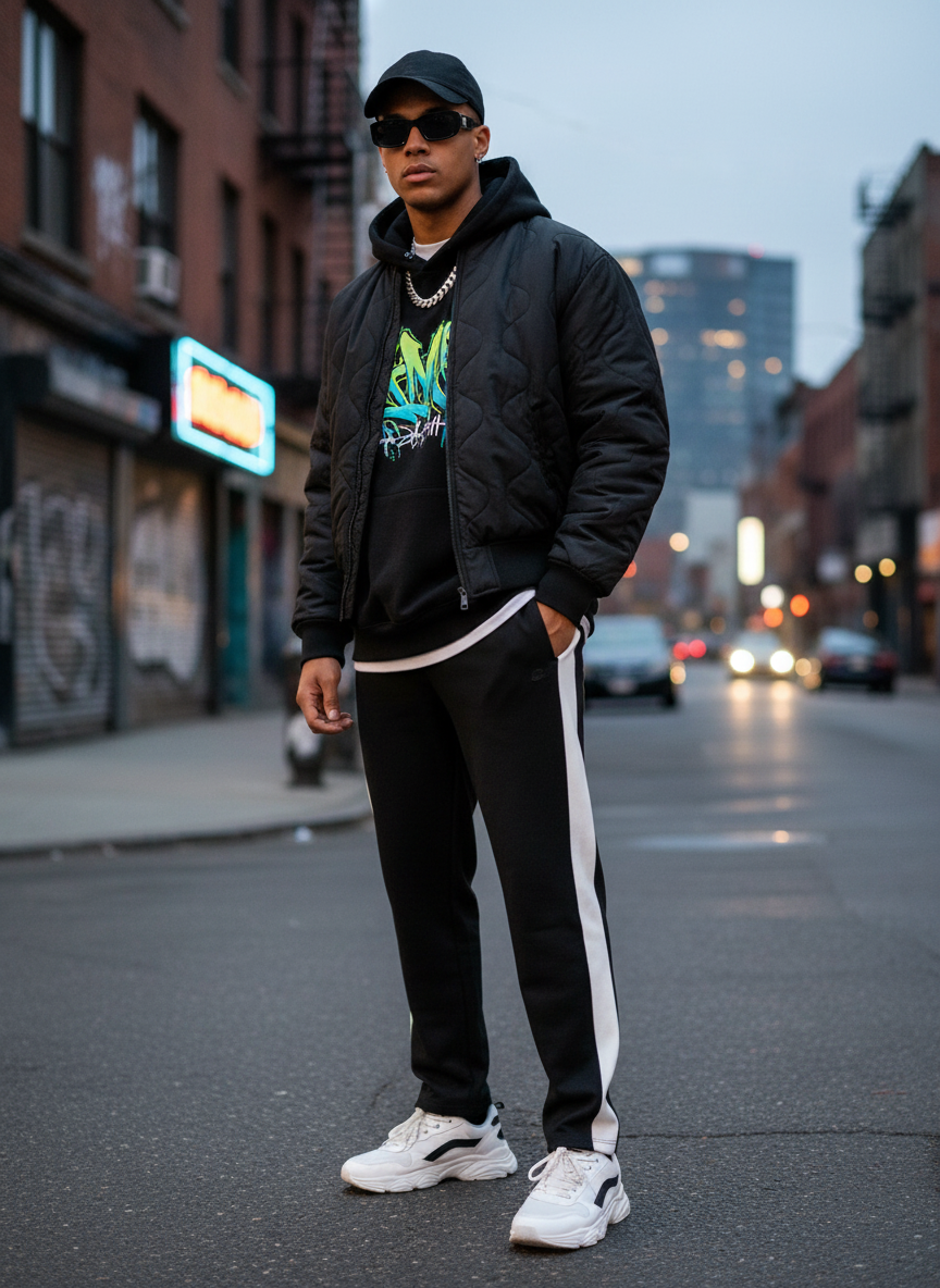 Black pants with white stripes on a white background